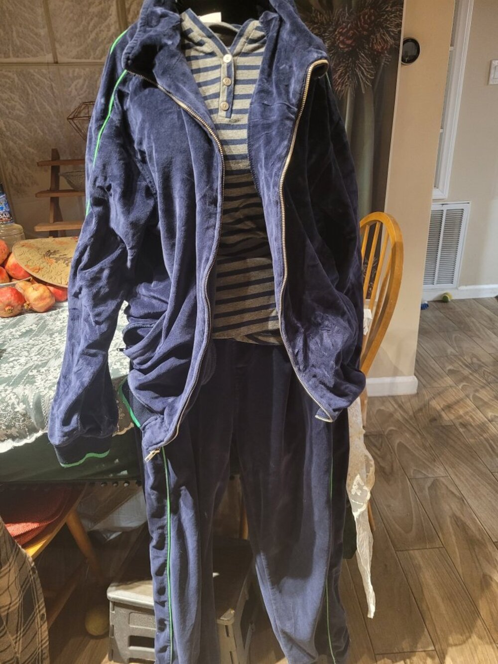 Self Esteem Velour Tracksuit Set XL — Navy Zip Hoodie & Pants, Green Piping